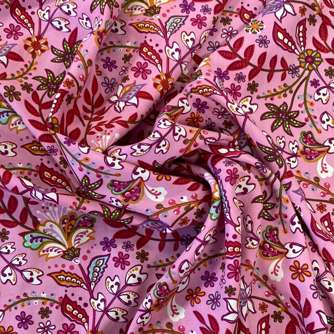 100% Viscose - Bold Floral Stem - Pink - Sold By Half Metre
