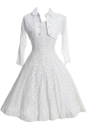 1950's White Lace Lorrie Deb Vintage Princess Cut Wedding Dress Bolero