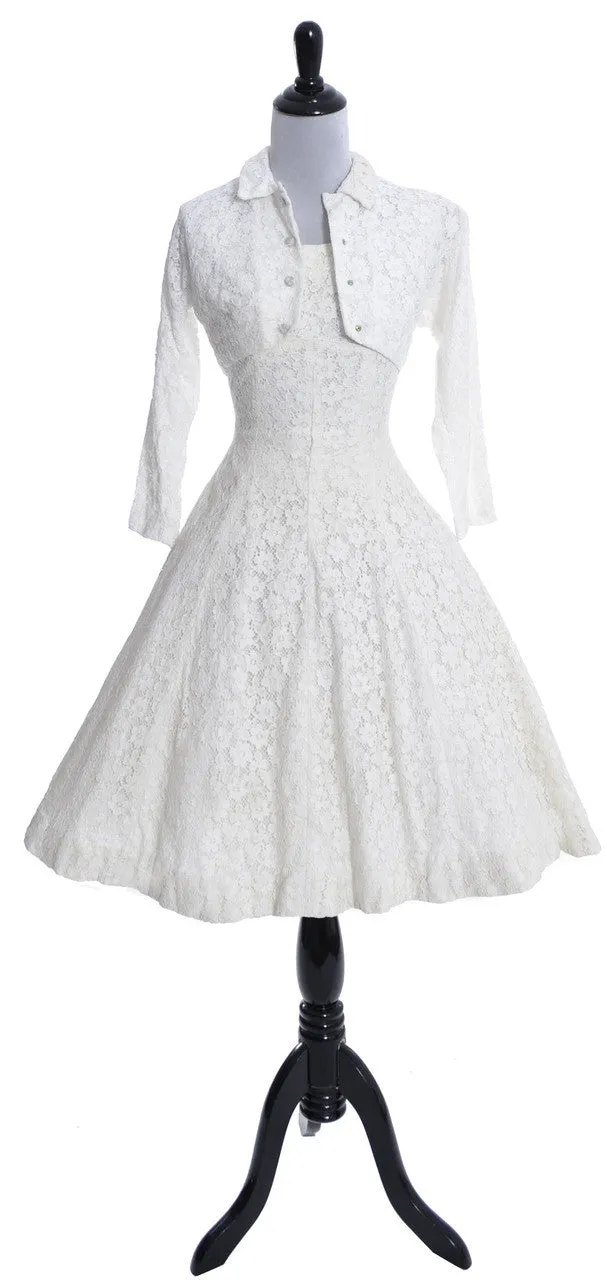 1950's White Lace Lorrie Deb Vintage Princess Cut Wedding Dress Bolero