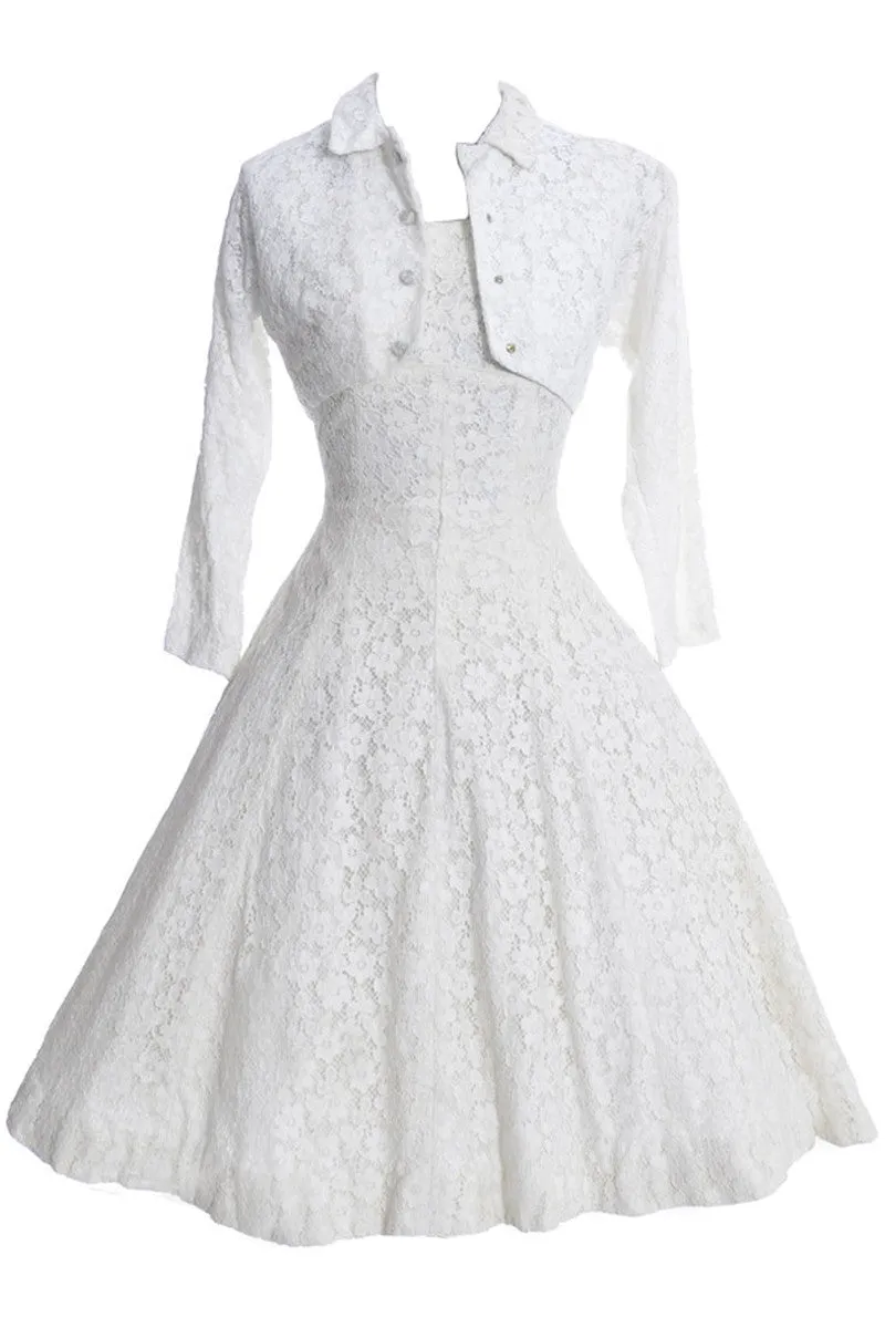 1950's White Lace Lorrie Deb Vintage Princess Cut Wedding Dress Bolero