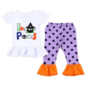 2 Pcs Halloween Girl Cartoon Letter Print Short Sleeves T-shirts And Flare Pants