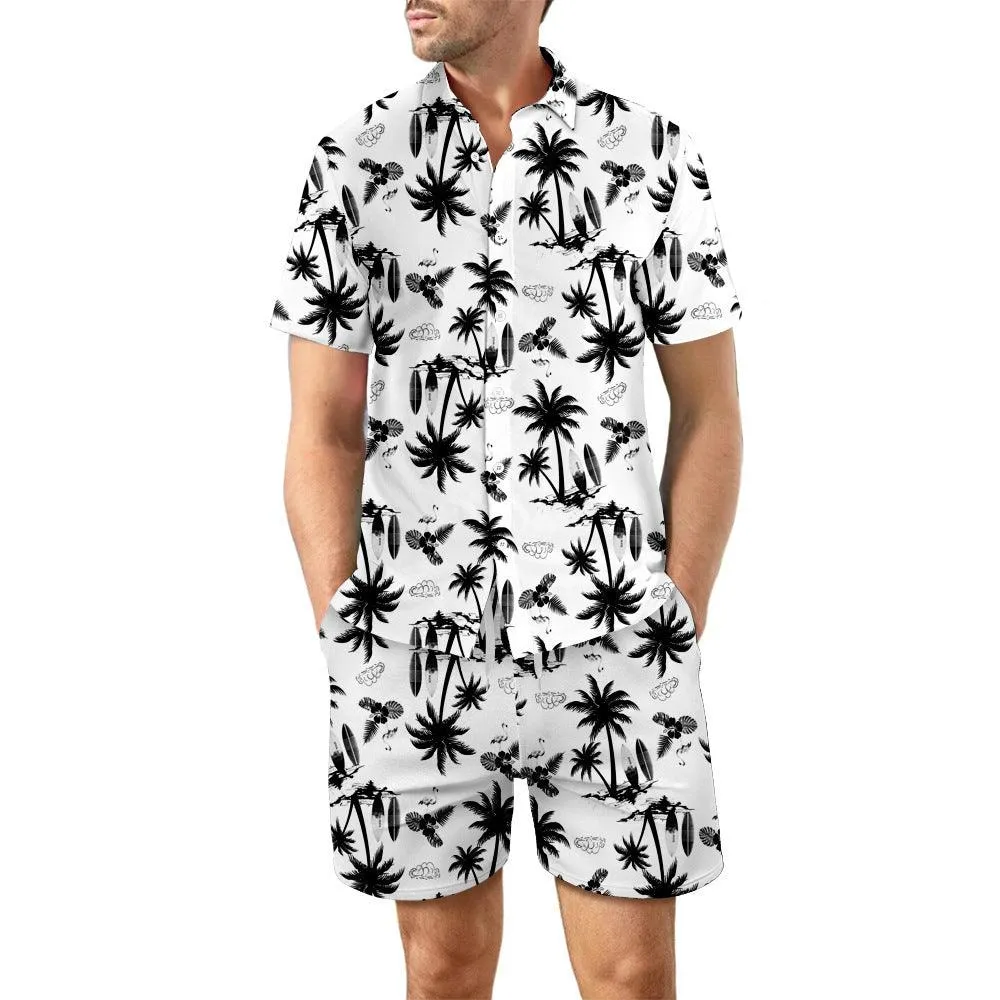2Pcs Printed Beach Shirt Suit Loose Lapel Button Top And Drawstring Pockets Shorts