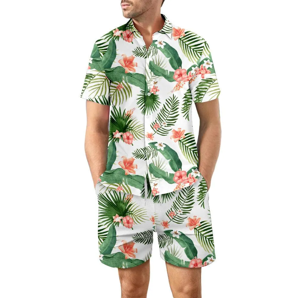 2Pcs Printed Beach Shirt Suit Loose Lapel Button Top And Drawstring Pockets Shorts