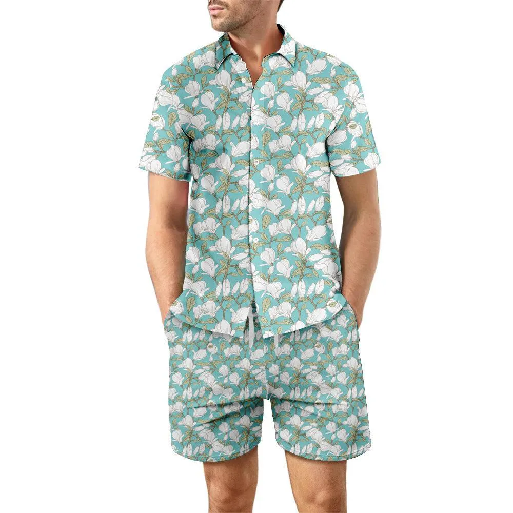 2Pcs Printed Beach Shirt Suit Loose Lapel Button Top And Drawstring Pockets Shorts