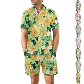 2Pcs Printed Beach Shirt Suit Loose Lapel Button Top And Drawstring Pockets Shorts