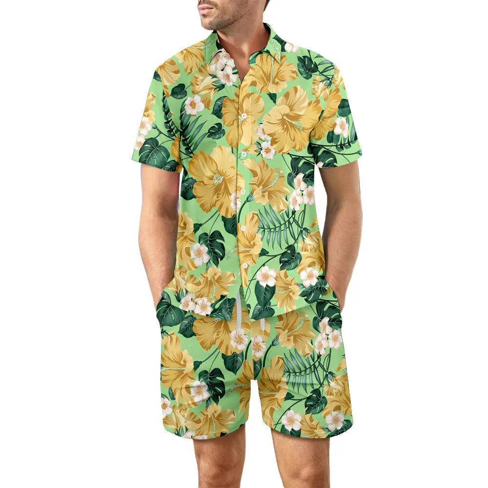 2Pcs Printed Beach Shirt Suit Loose Lapel Button Top And Drawstring Pockets Shorts