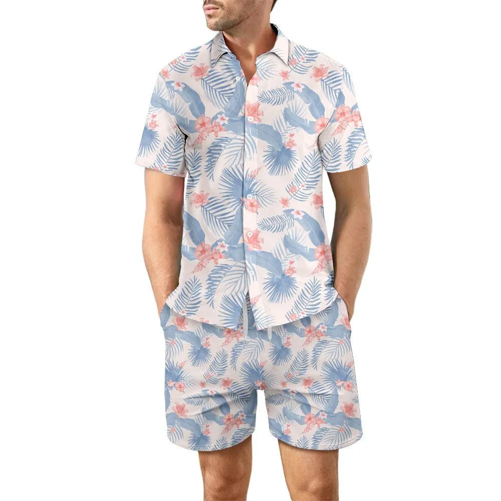 2Pcs Printed Beach Shirt Suit Loose Lapel Button Top And Drawstring Pockets Shorts