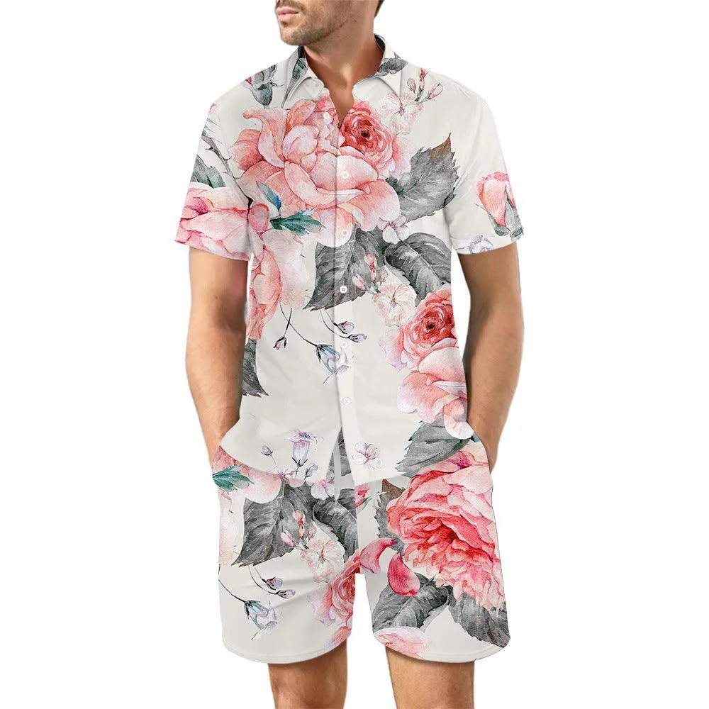 2Pcs Printed Beach Shirt Suit Loose Lapel Button Top And Drawstring Pockets Shorts