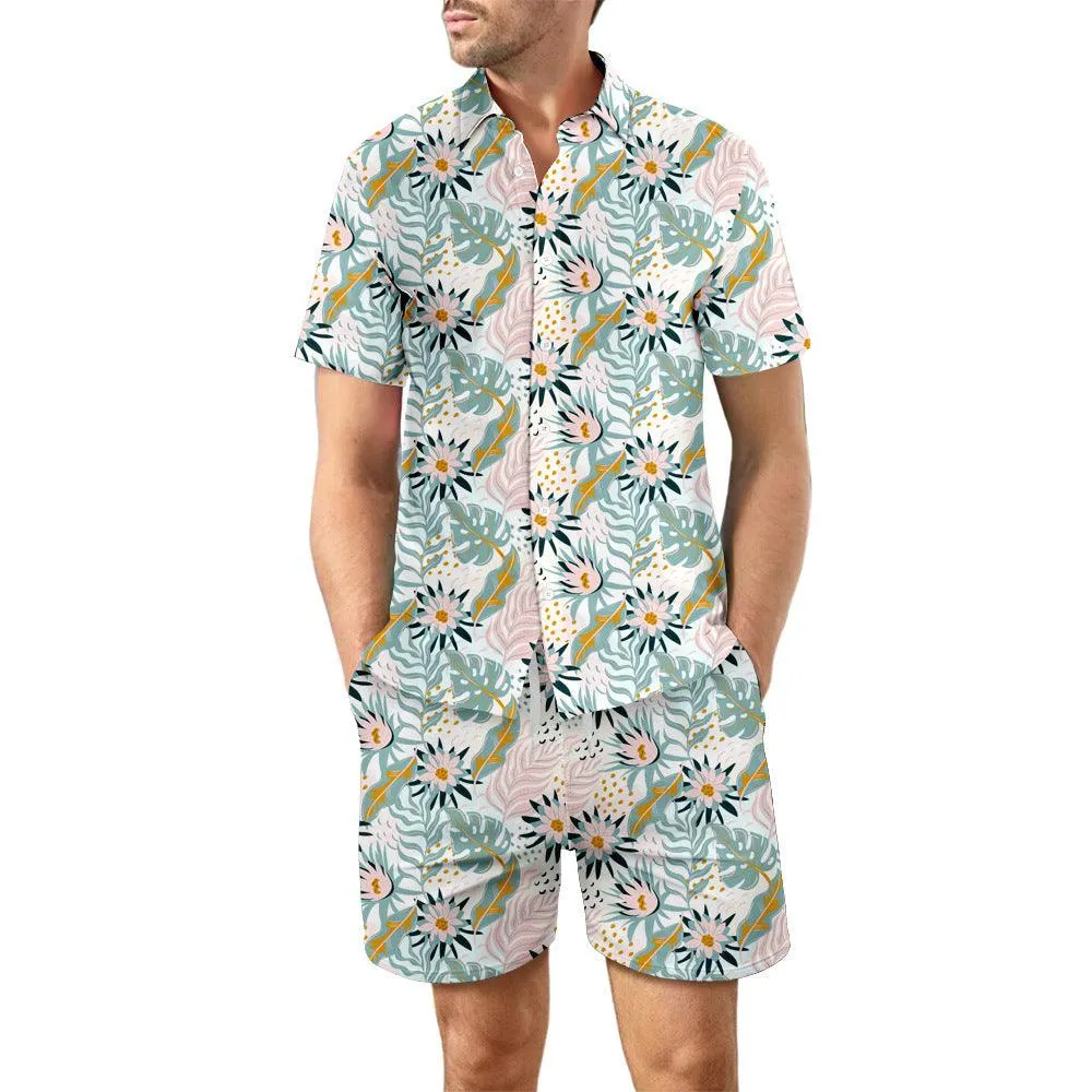 2Pcs Printed Beach Shirt Suit Loose Lapel Button Top And Drawstring Pockets Shorts