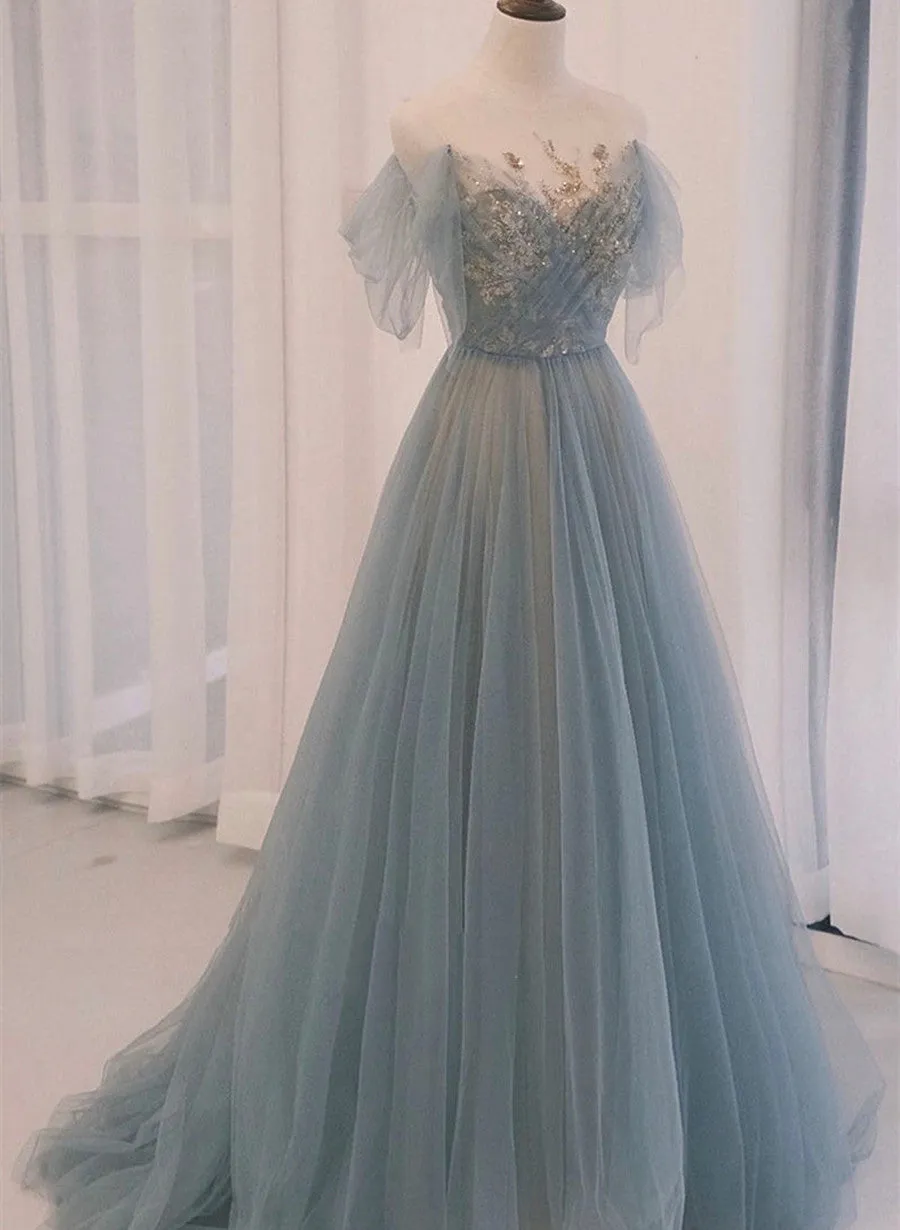 A-line Blue with Lace Applique Party Dress, Long Blue Formal Dress Prom Dress