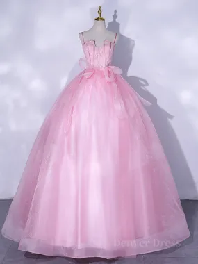 A-Line Pink Tulle Lace Long Prom Dress Pink Formal Dresses