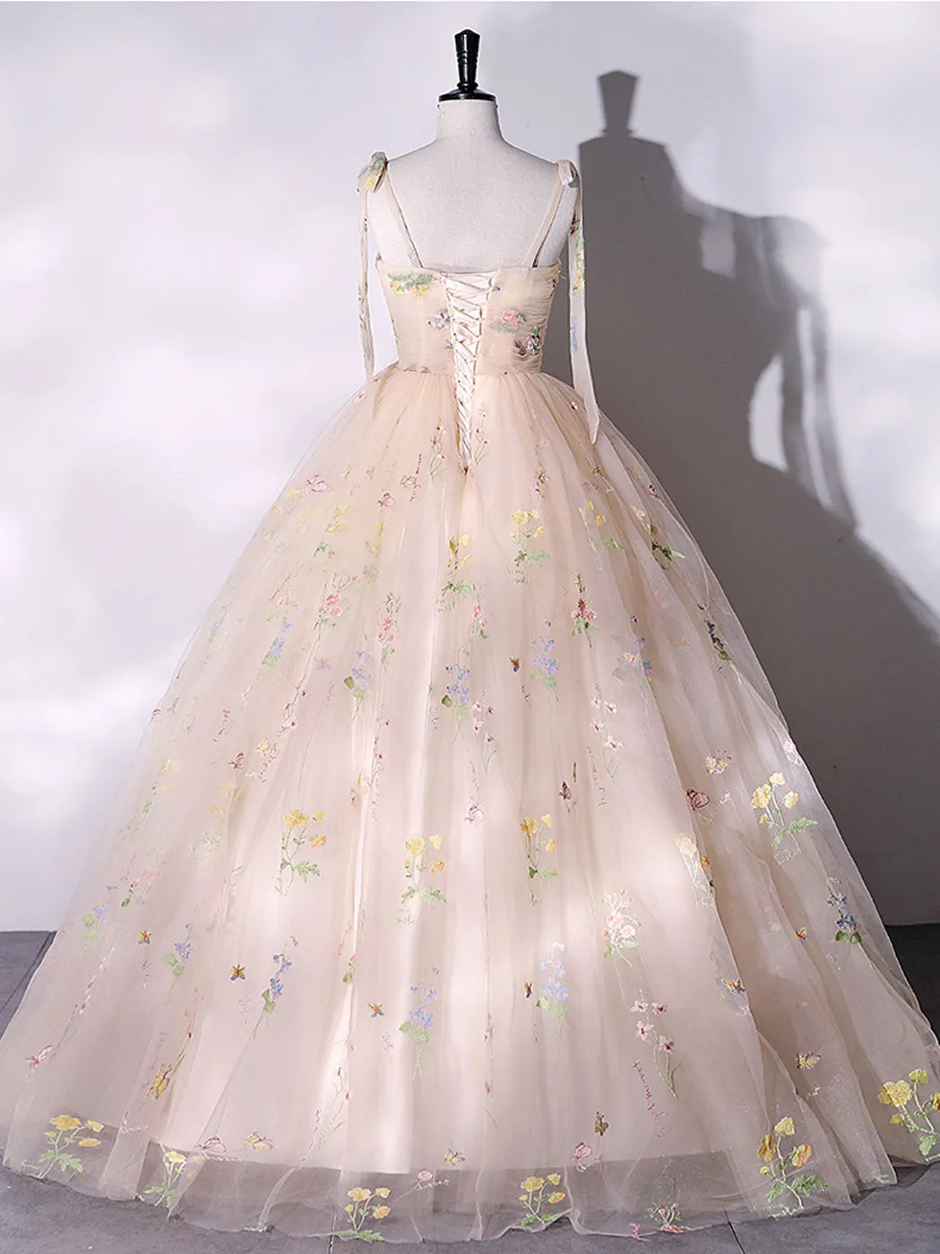 A-Line Tulle Lace Champagne Long Prom Dress Champagne Formal Sweet 16 Dress