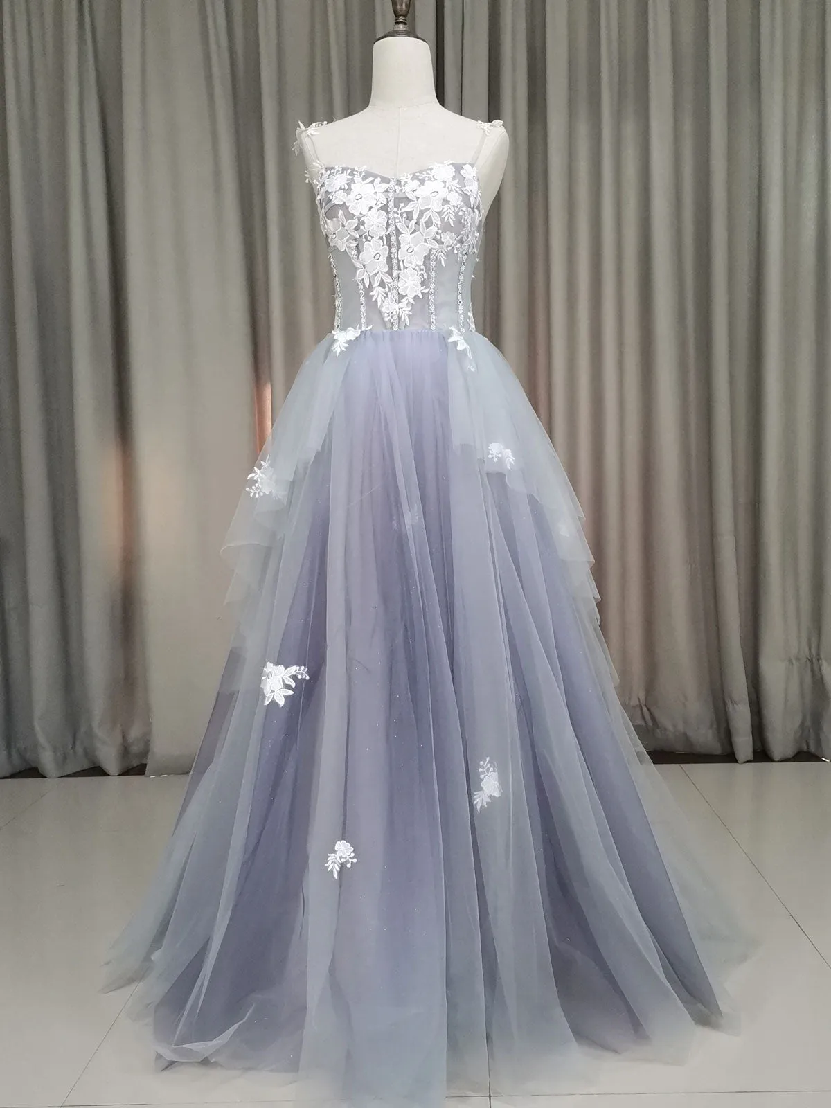 A line Tulle Lace Long Formal Dress Lace Tulle Prom Dress