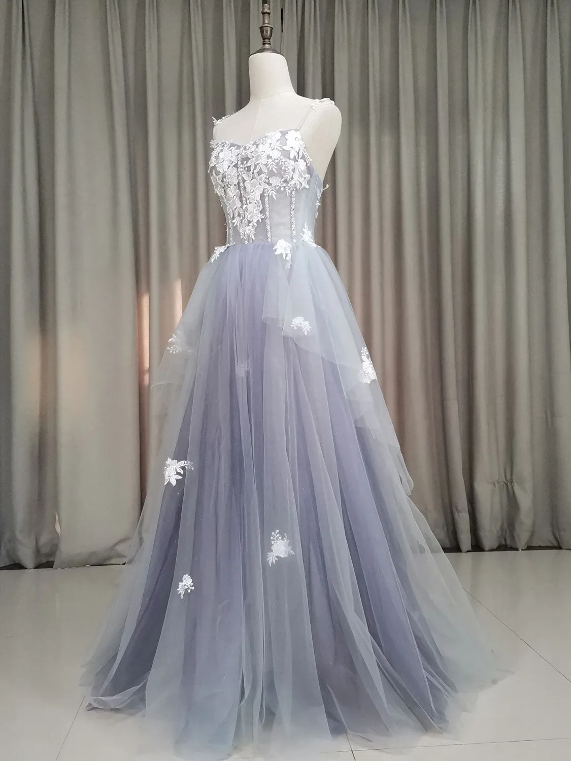 A line Tulle Lace Long Formal Dress Lace Tulle Prom Dress