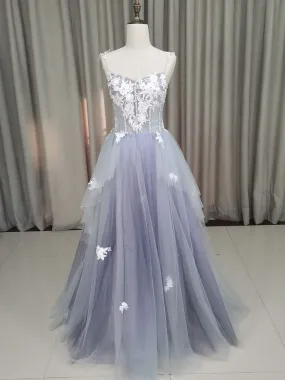 A line Tulle Lace Long Formal Dress Lace Tulle Prom Dress