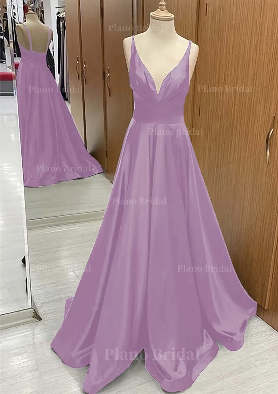 A-line V Neck Sweep Train Satin Prom Dress With Pleated