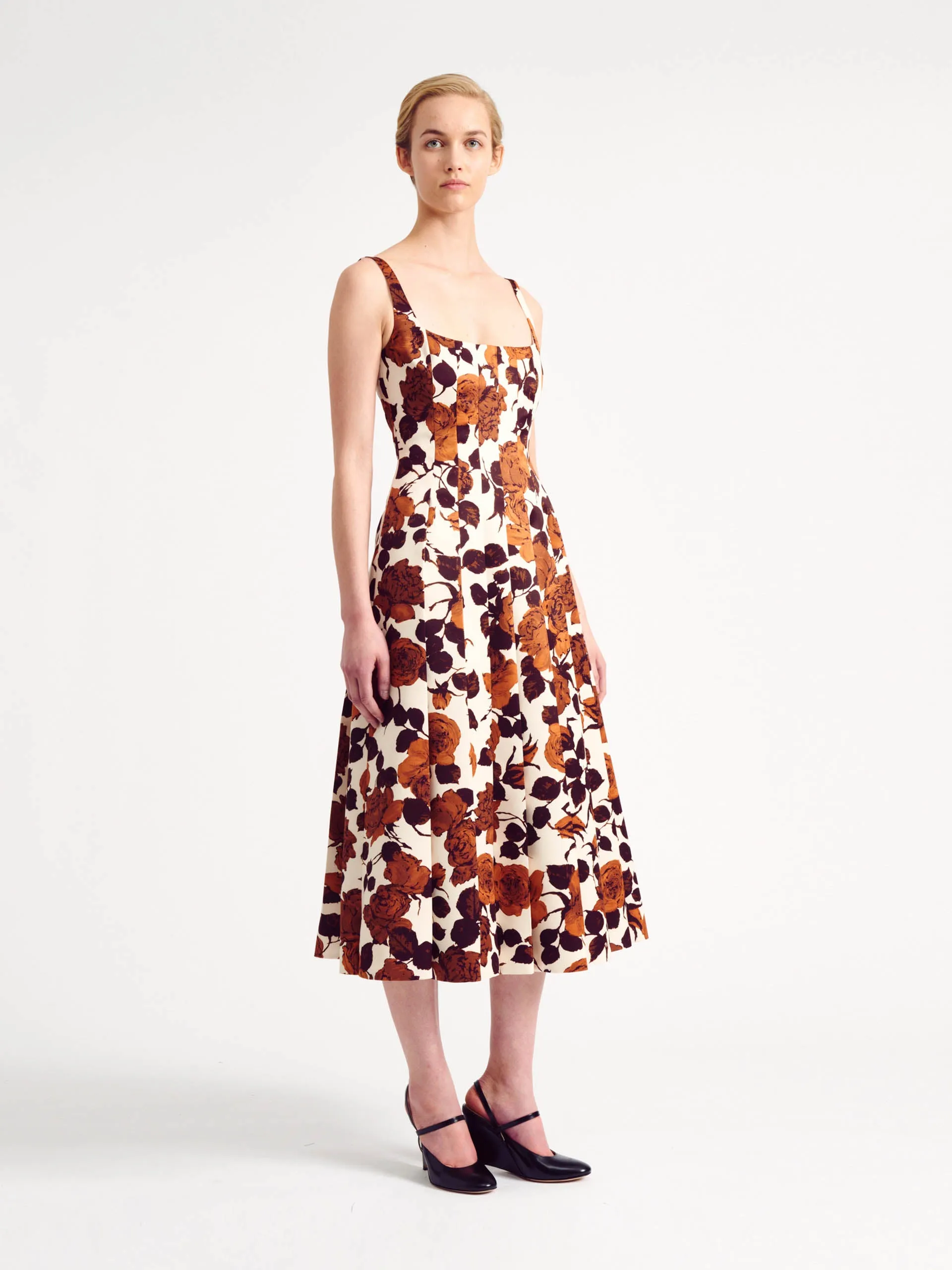 Adele Dress in Camel Rose Printed Taffeta Faille
