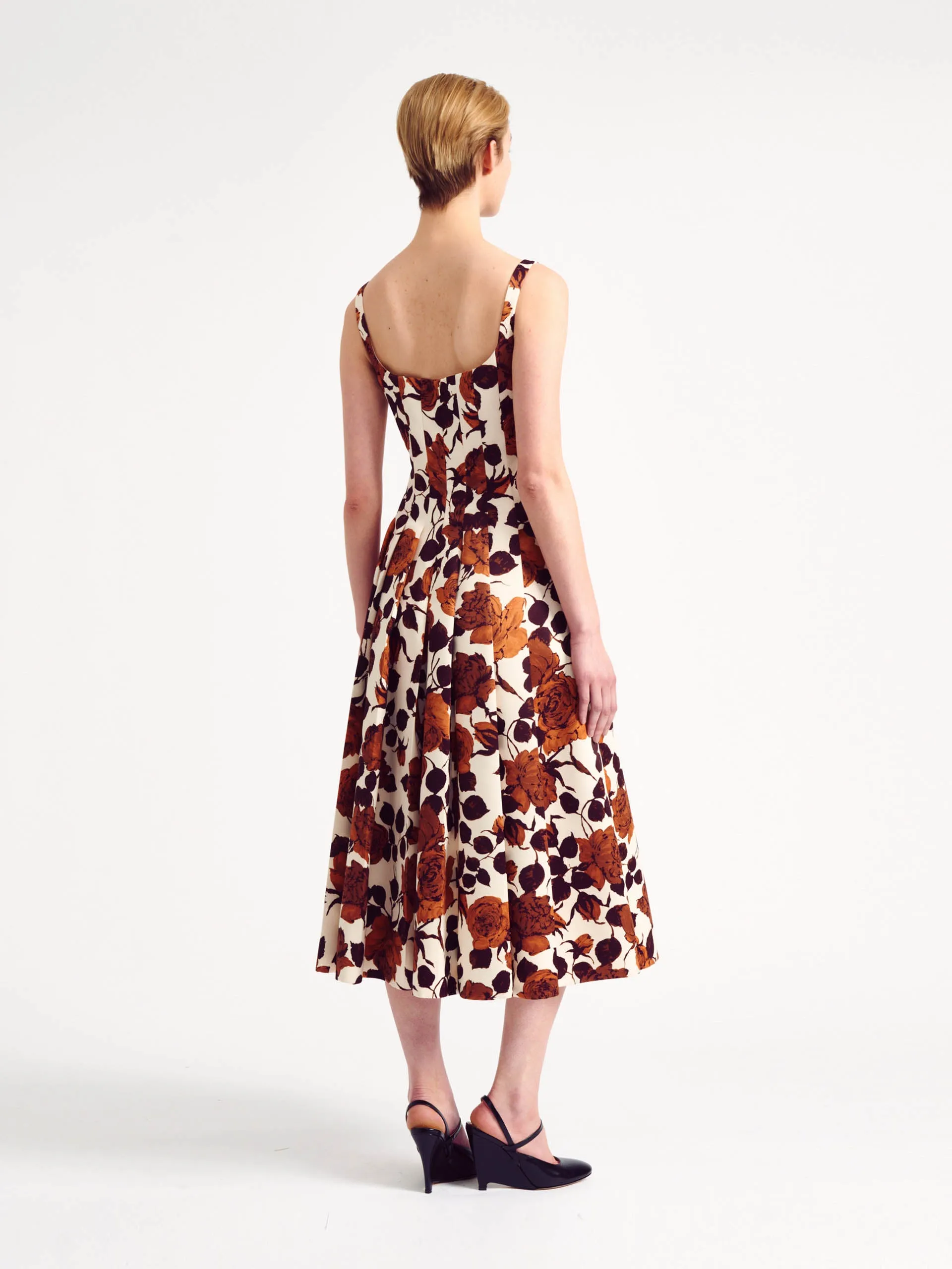 Adele Dress in Camel Rose Printed Taffeta Faille