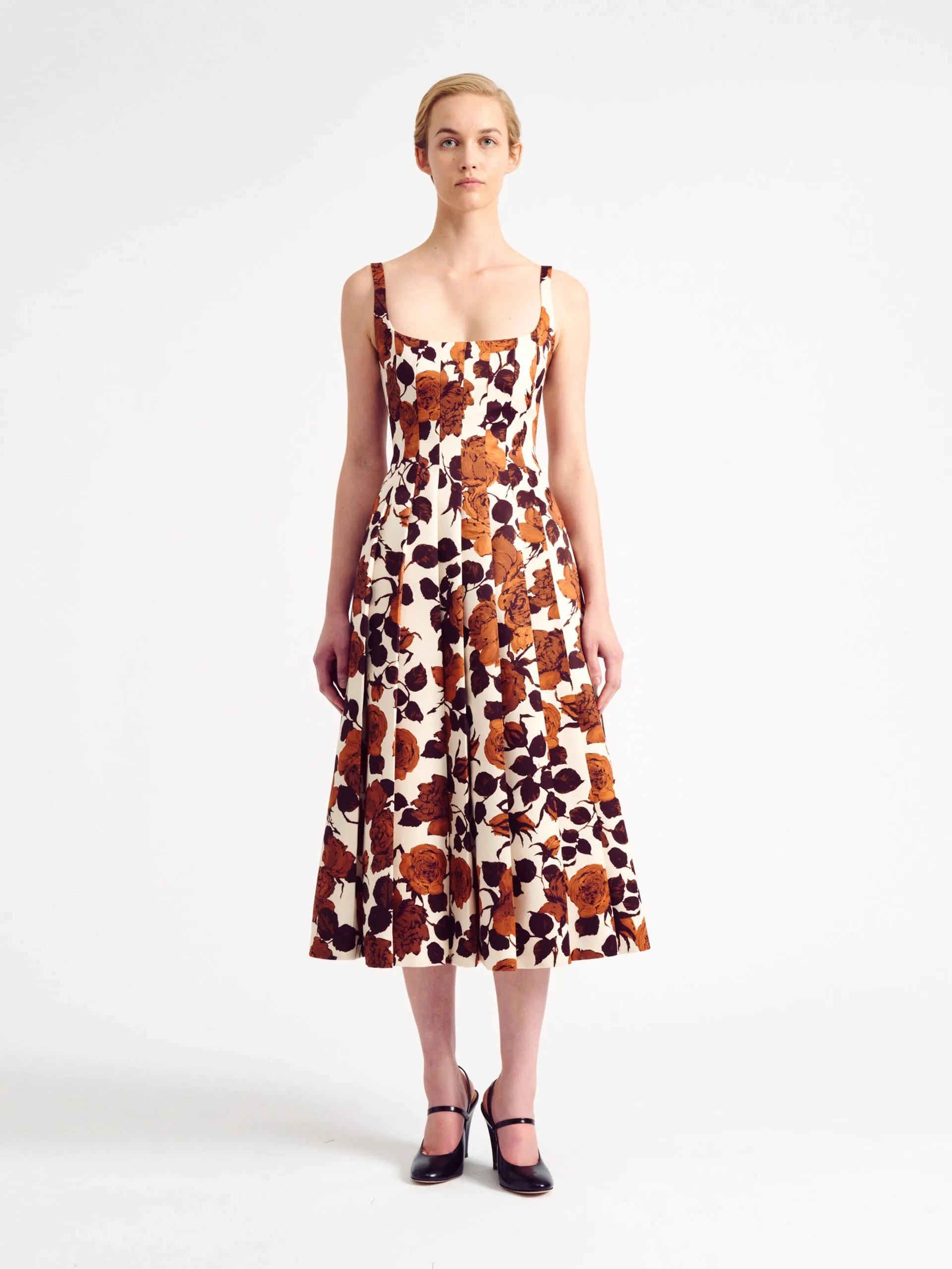 Adele Dress in Camel Rose Printed Taffeta Faille