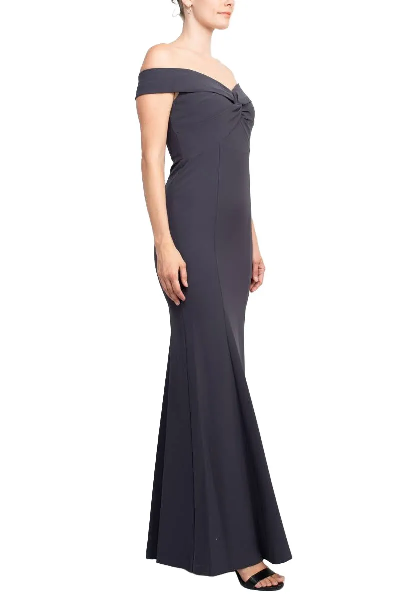 Aidan Mattox Off-Shoulder Crossed Front Zipper Back Mermaid Solid Crepe Dress