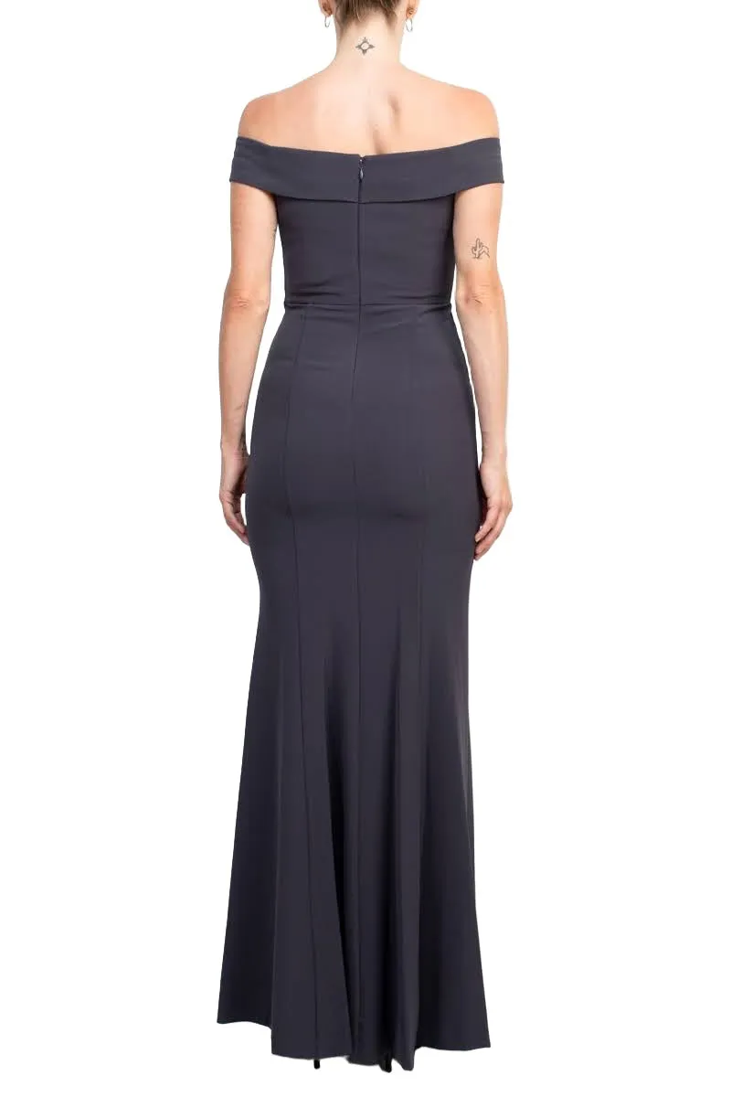 Aidan Mattox Off-Shoulder Crossed Front Zipper Back Mermaid Solid Crepe Dress