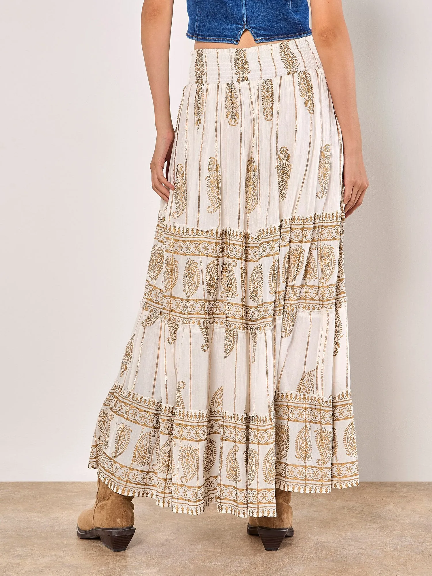 Apricot Women's Gold Foil Paisley Tiered Maxi Skirt - Cream
