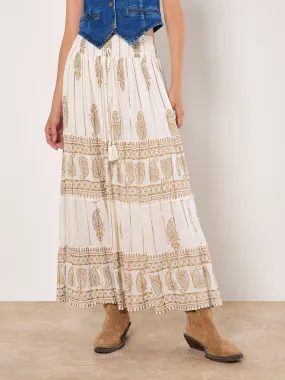 Apricot Women's Gold Foil Paisley Tiered Maxi Skirt - Cream