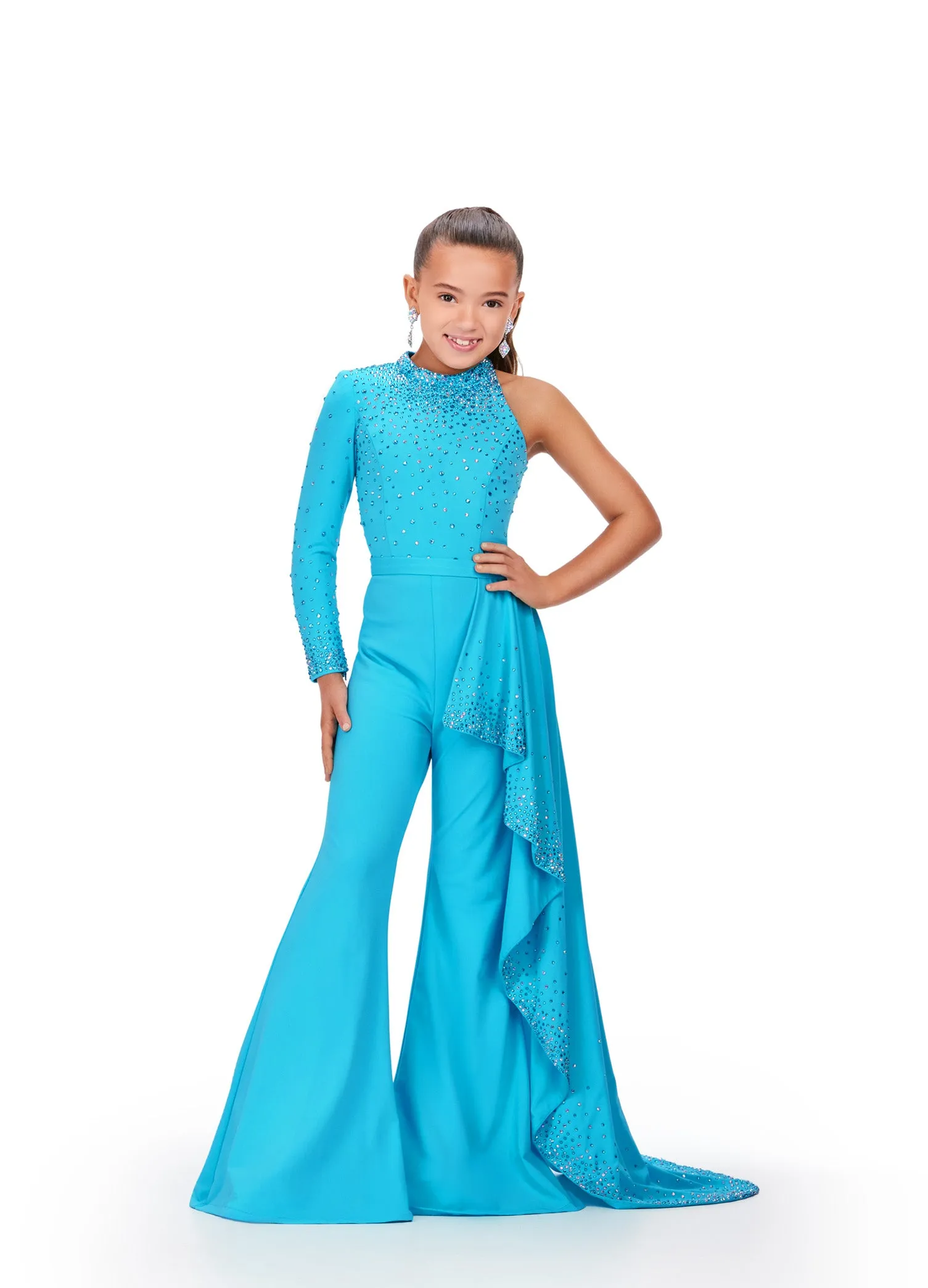 Ashley Lauren Kids 8253 Girls Pageant Jumpsuit Ruffle Train Long Sleeve Pant Suit bell bottoms