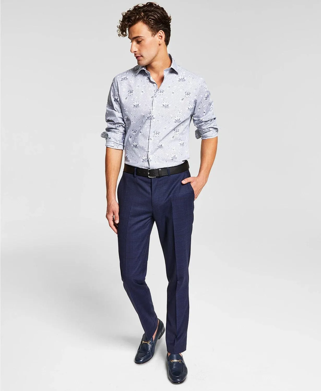 Bar III Men's Dress Pants 34 x 32 Slim Fit Navy Blue Plaid