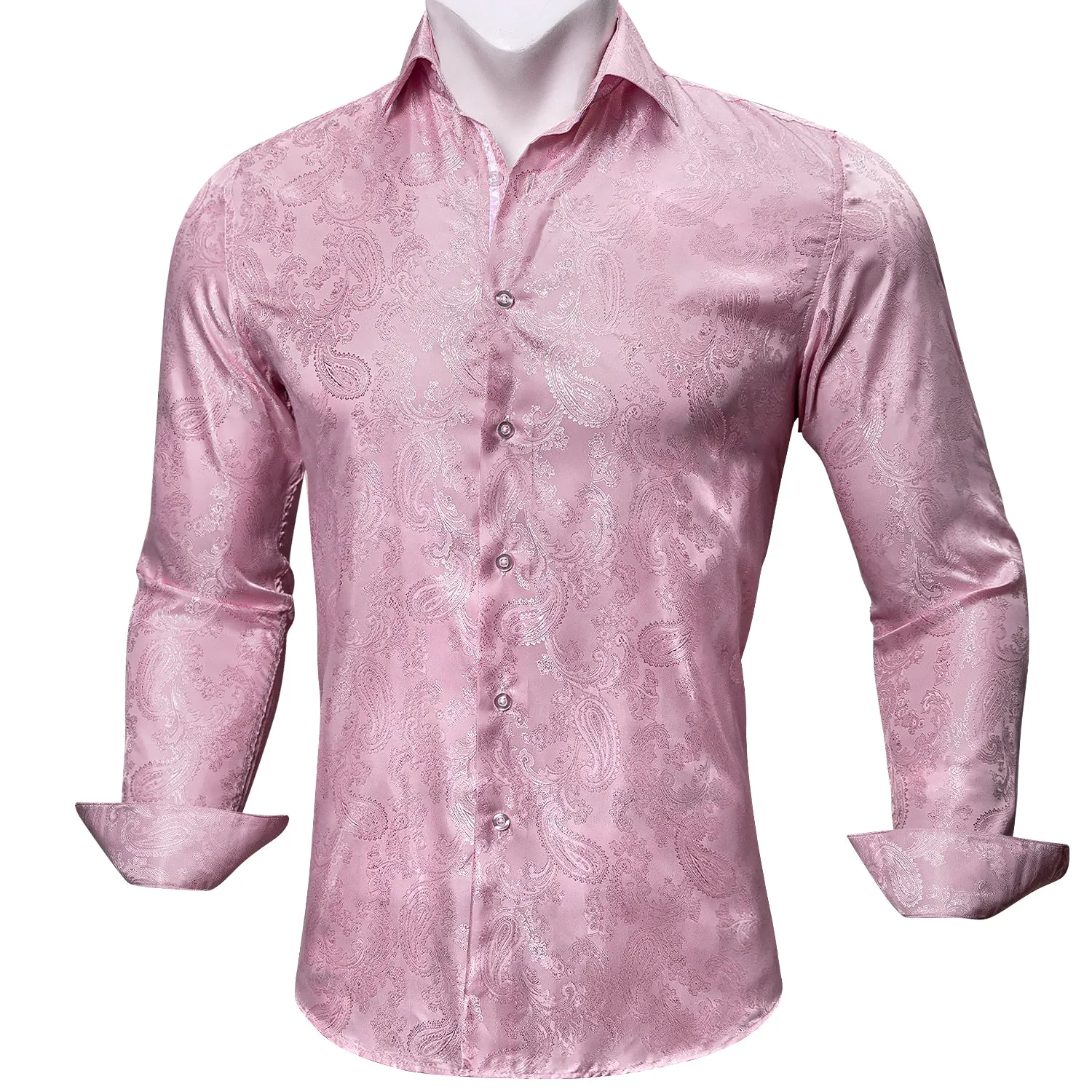 Barry Wang Button Down Shirt Pink Paisley Men's Long Sleeves Silk Shirt Fashion