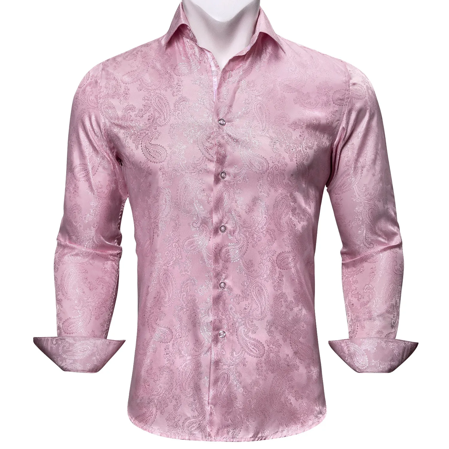 Barry Wang Button Down Shirt Pink Paisley Men's Long Sleeves Silk Shirt Fashion