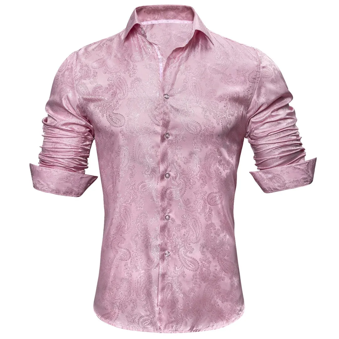 Barry Wang Button Down Shirt Pink Paisley Men's Long Sleeves Silk Shirt Fashion