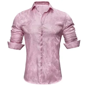 Barry Wang Button Down Shirt Pink Paisley Men's Long Sleeves Silk Shirt Fashion
