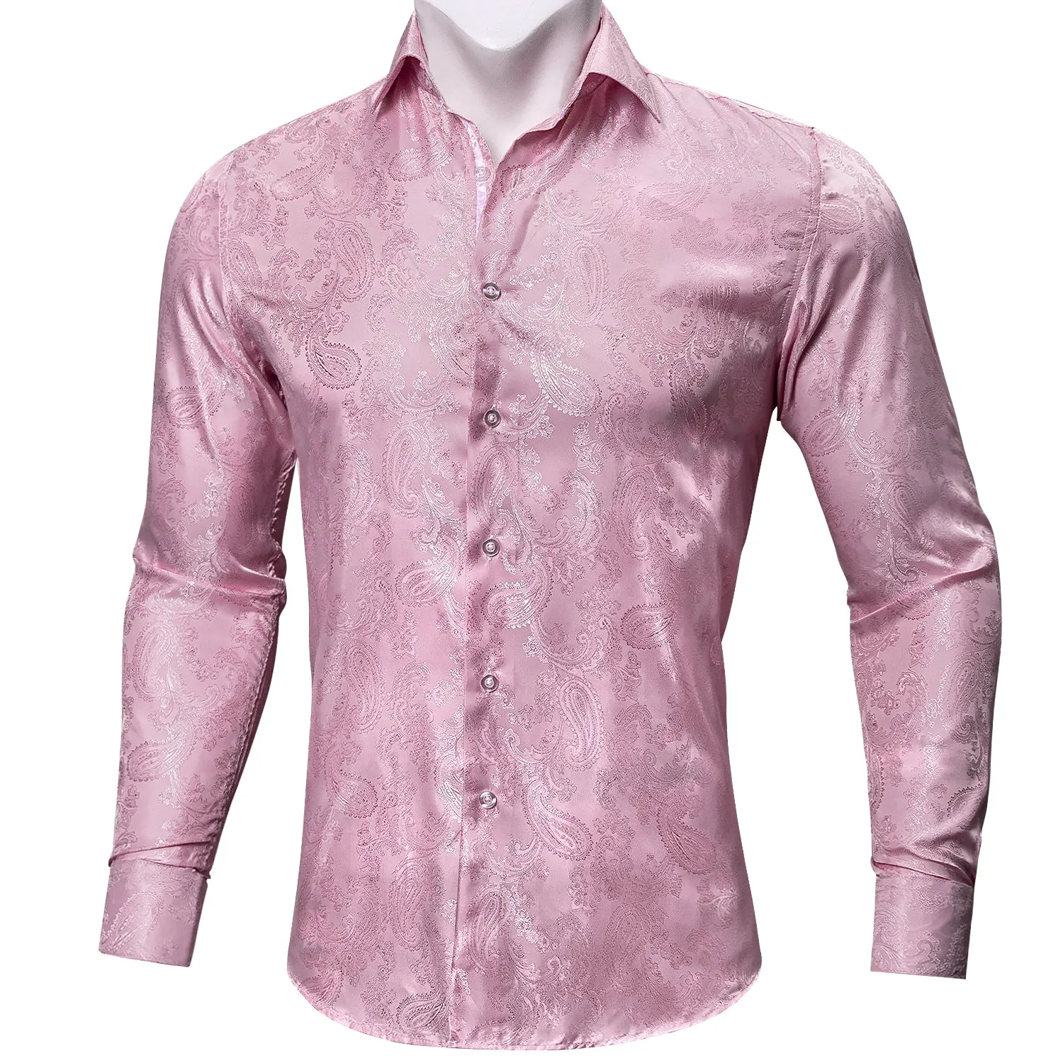 Barry Wang Button Down Shirt Pink Paisley Men's Long Sleeves Silk Shirt Fashion