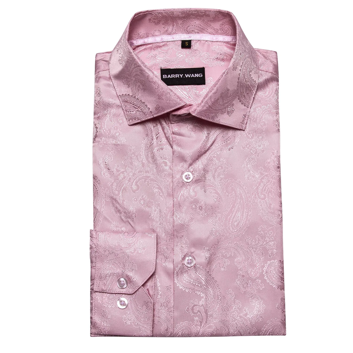 Barry Wang Button Down Shirt Pink Paisley Men's Long Sleeves Silk Shirt Fashion