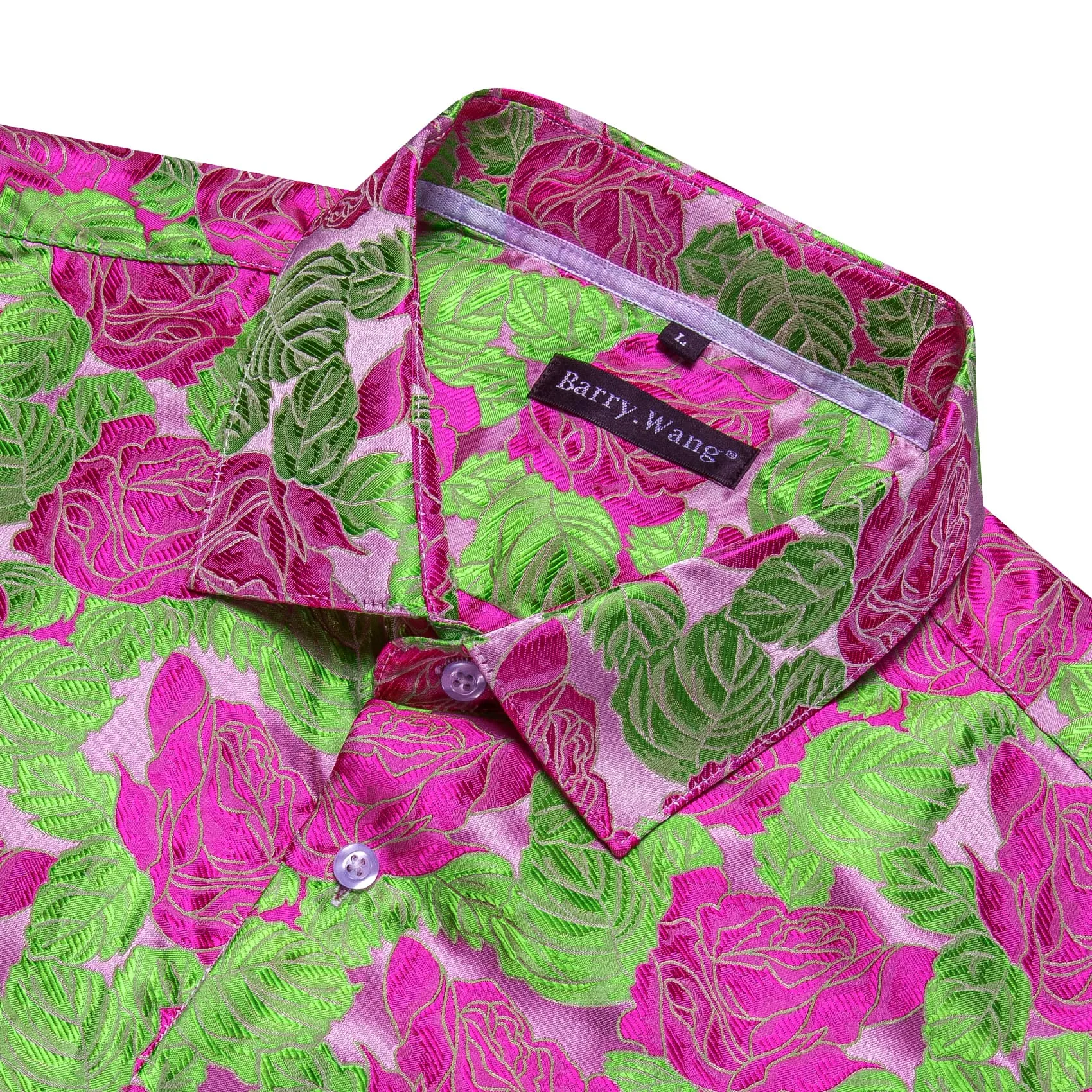 Barry Wang Deep Pink Roses LIight Green Long Sleeve Shirt Mens Top