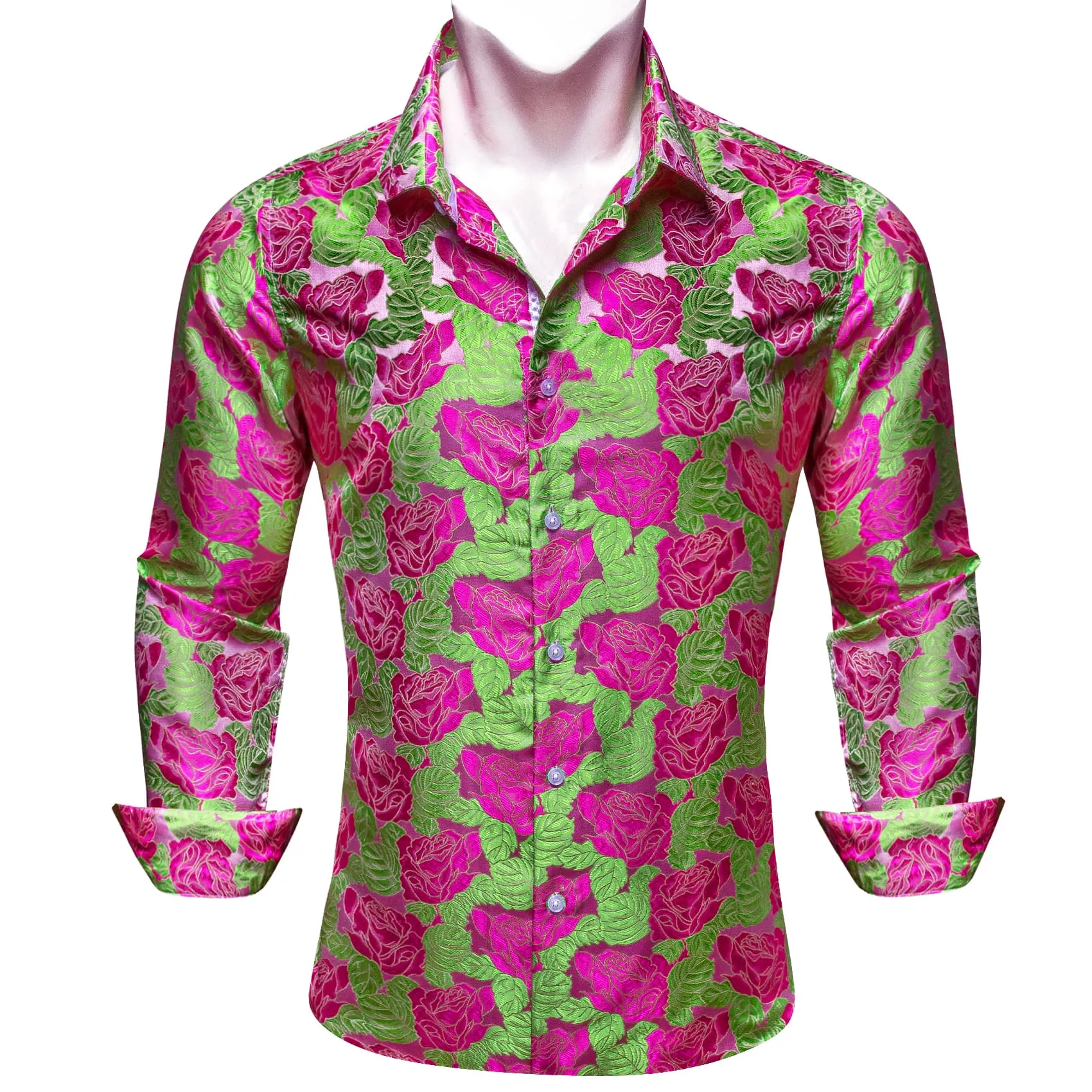 Barry Wang Deep Pink Roses LIight Green Long Sleeve Shirt Mens Top