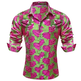 Barry Wang Deep Pink Roses LIight Green Long Sleeve Shirt Mens Top