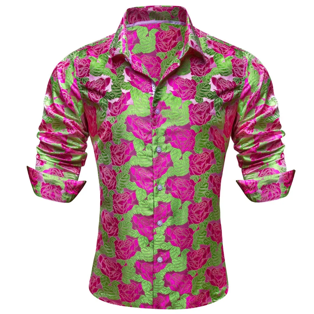 Barry Wang Deep Pink Roses LIight Green Long Sleeve Shirt Mens Top