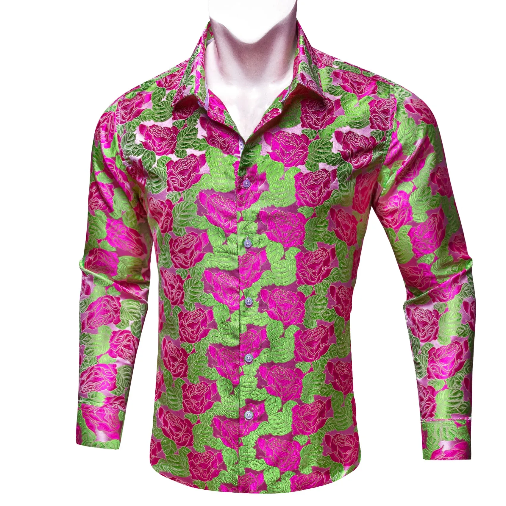Barry Wang Deep Pink Roses LIight Green Long Sleeve Shirt Mens Top