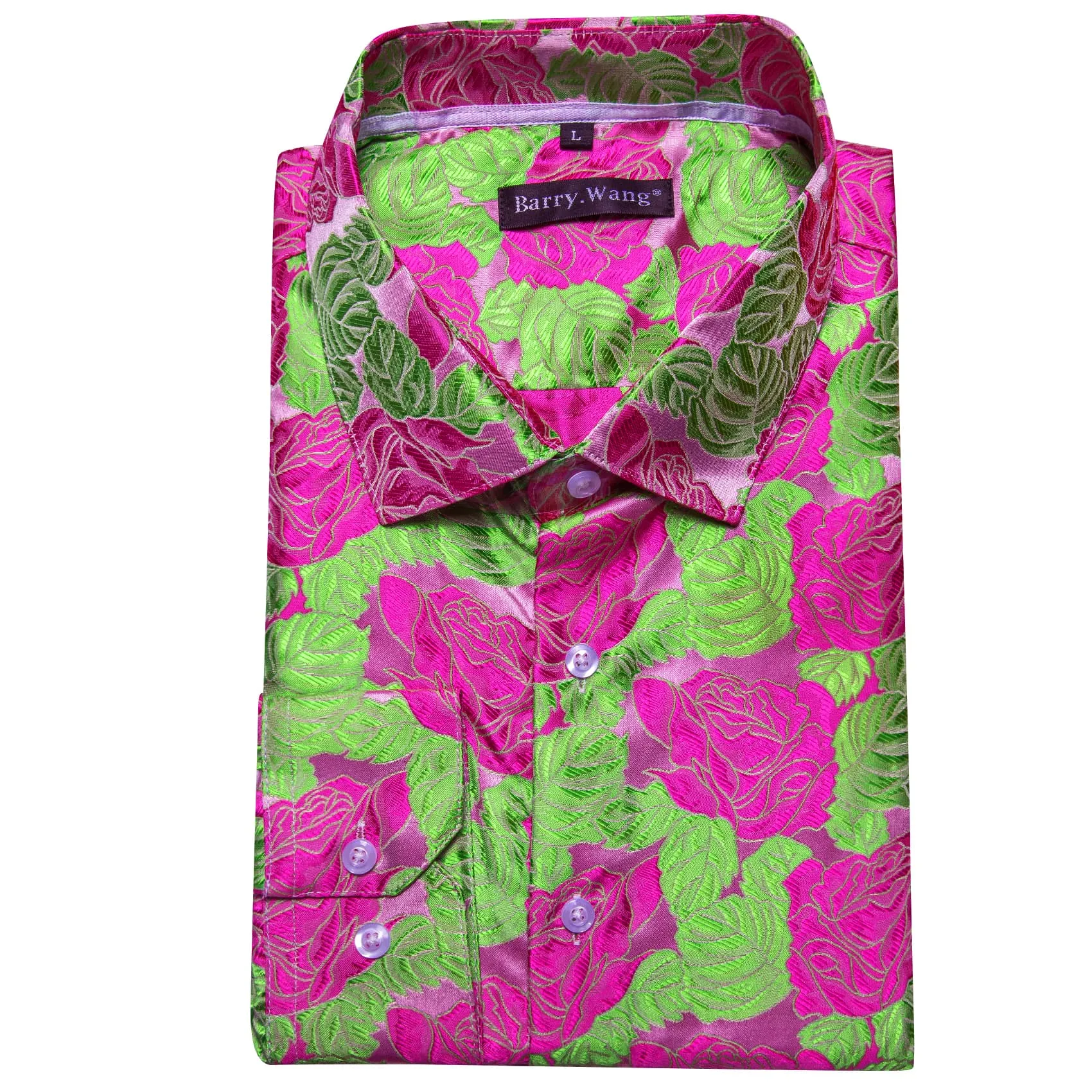 Barry Wang Deep Pink Roses LIight Green Long Sleeve Shirt Mens Top