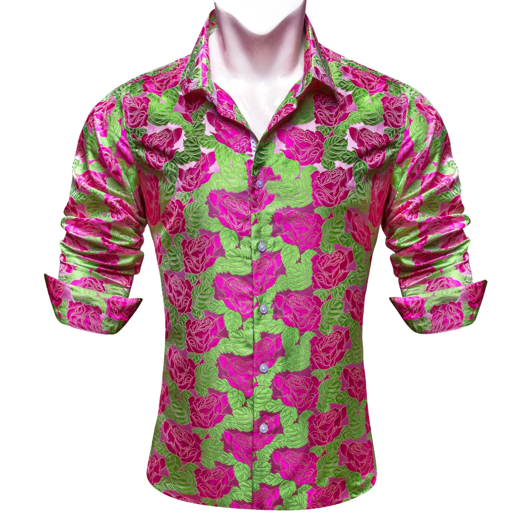 Barry Wang Deep Pink Roses LIight Green Long Sleeve Shirt Mens Top