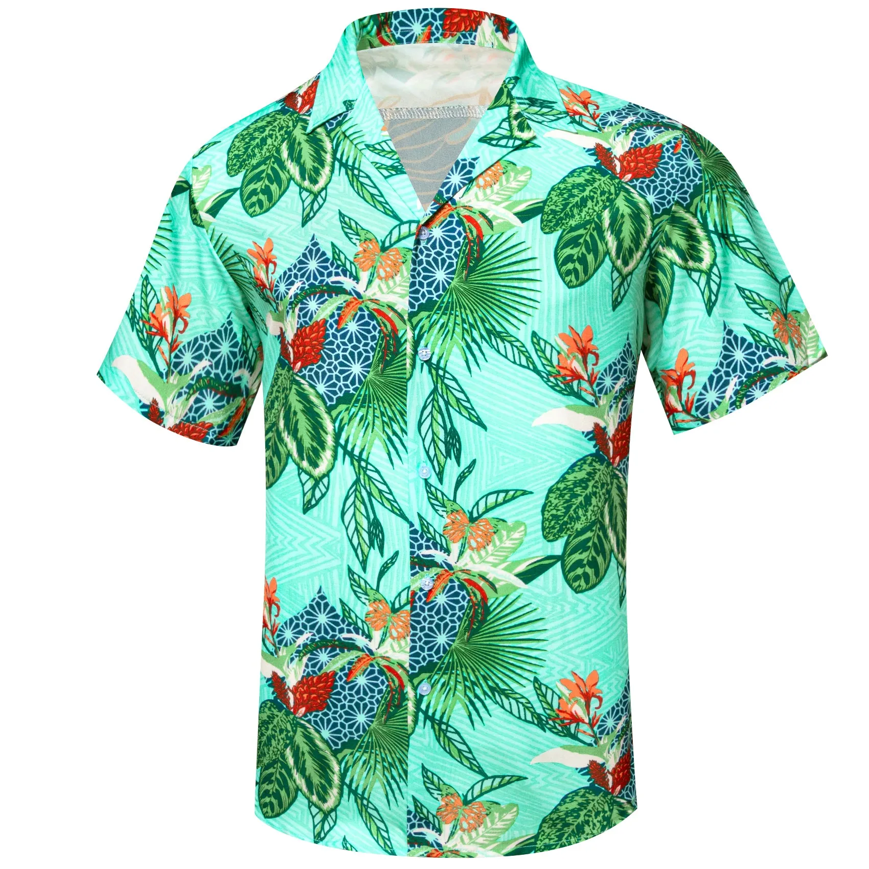 Barry Wang Men's Shirt Turquoise Floral Short Sleeves Silk Summer Hawaii Shirt