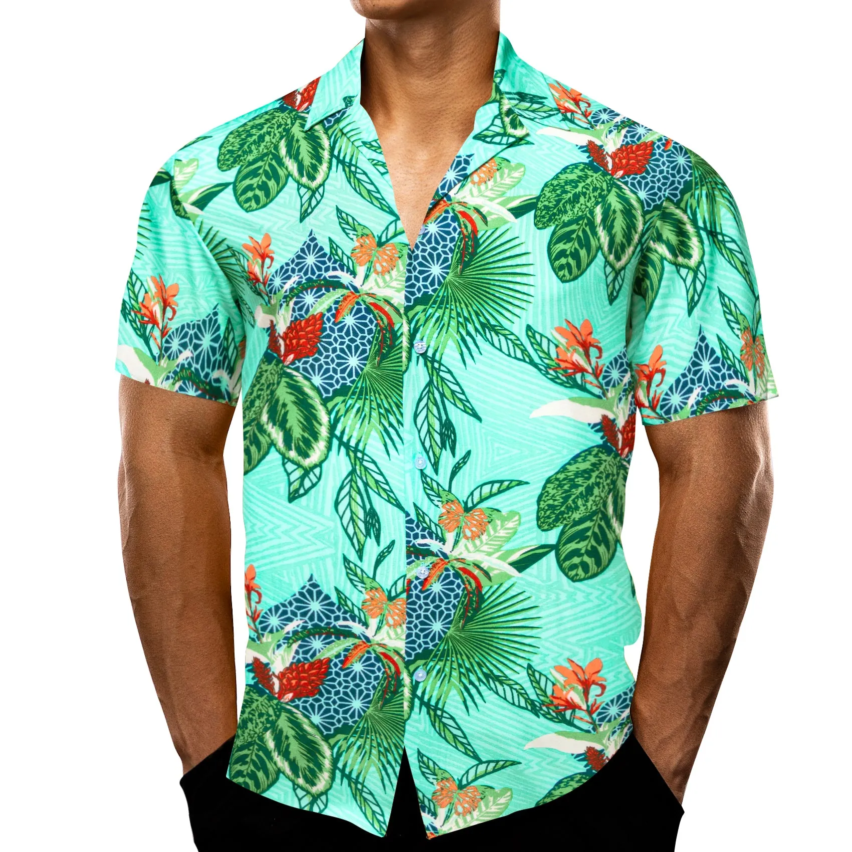 Barry Wang Men's Shirt Turquoise Floral Short Sleeves Silk Summer Hawaii Shirt