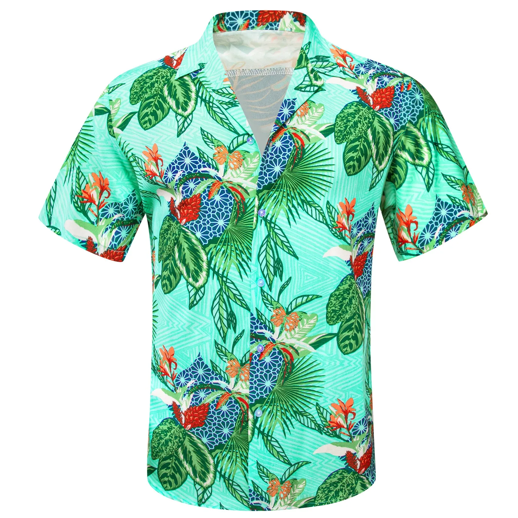 Barry Wang Men's Shirt Turquoise Floral Short Sleeves Silk Summer Hawaii Shirt