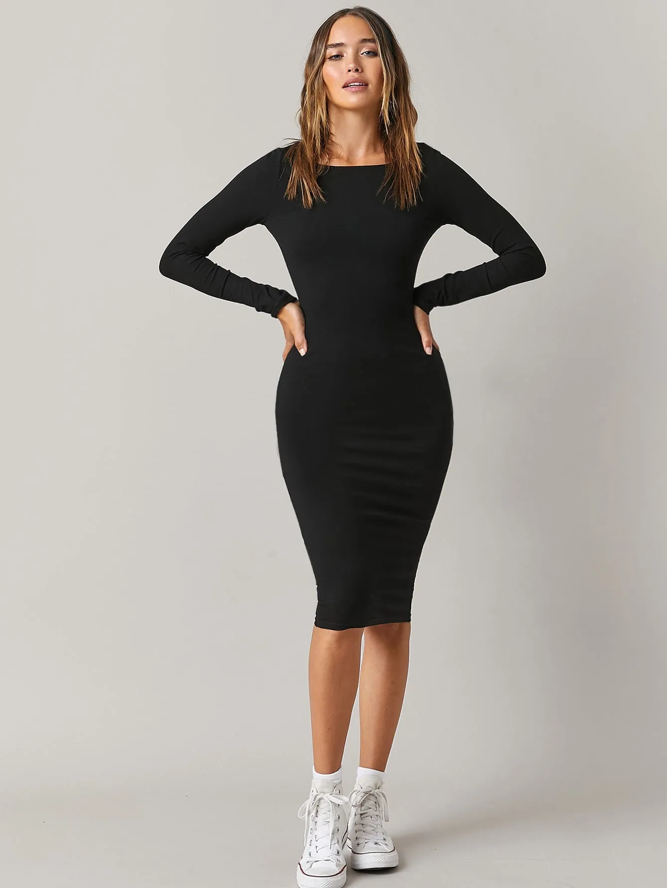 BASICS Solid Boat Neck Bodycon Dress