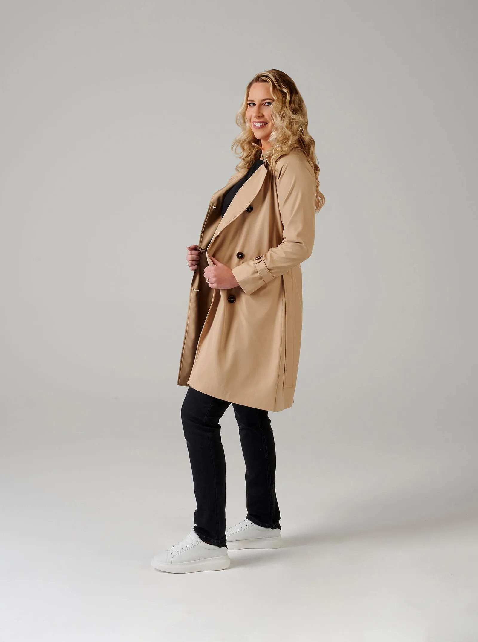 Beige Double Breasted Point Collar Trench Coat