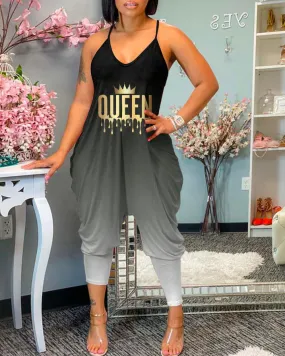 Black Gradient Golden Queen Print Jumpsuit