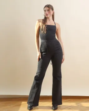 Black Lace Up Backless Flared Denim Jumpsuit