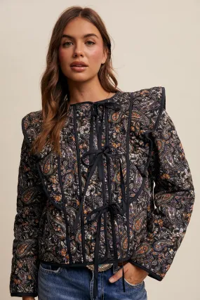 Black Paisley Tie Front Quilted Jacket